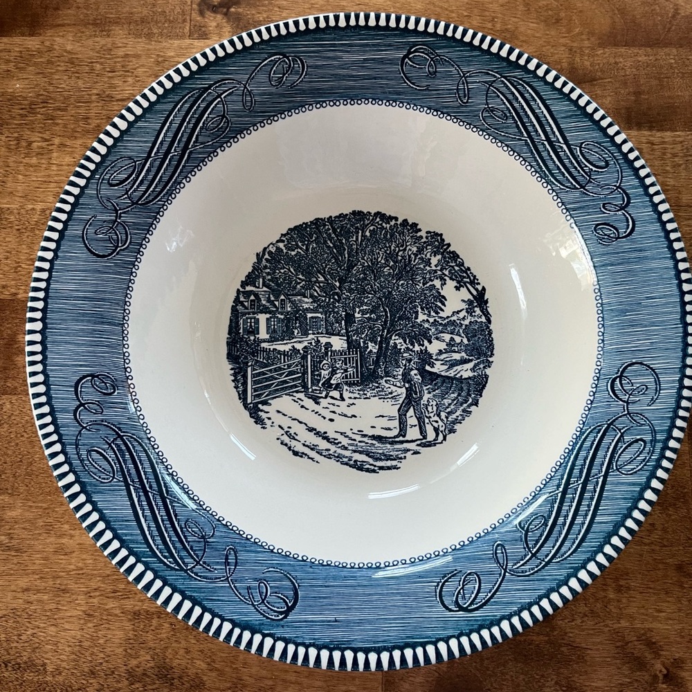Vintage Currier and Ives Serving Bowl, White and Blue